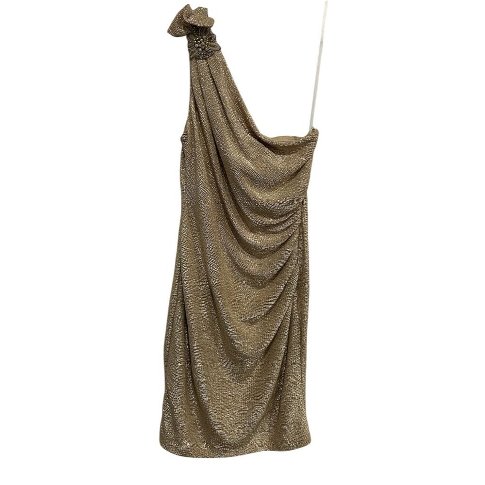 Xscape Gold One Shoulder Draped Cocktail Dress Embellished Detail Size 4